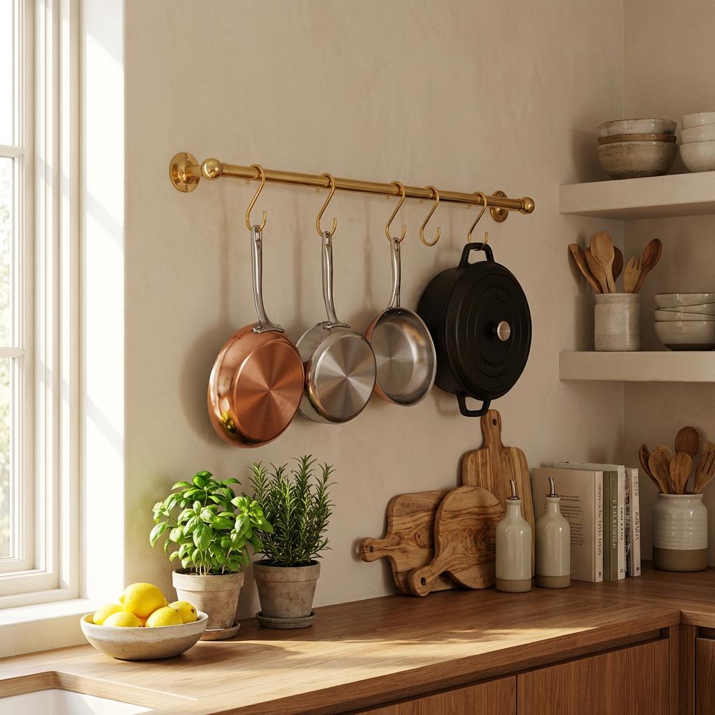 Wall mounted solid brass pot rack with hanging hooks
