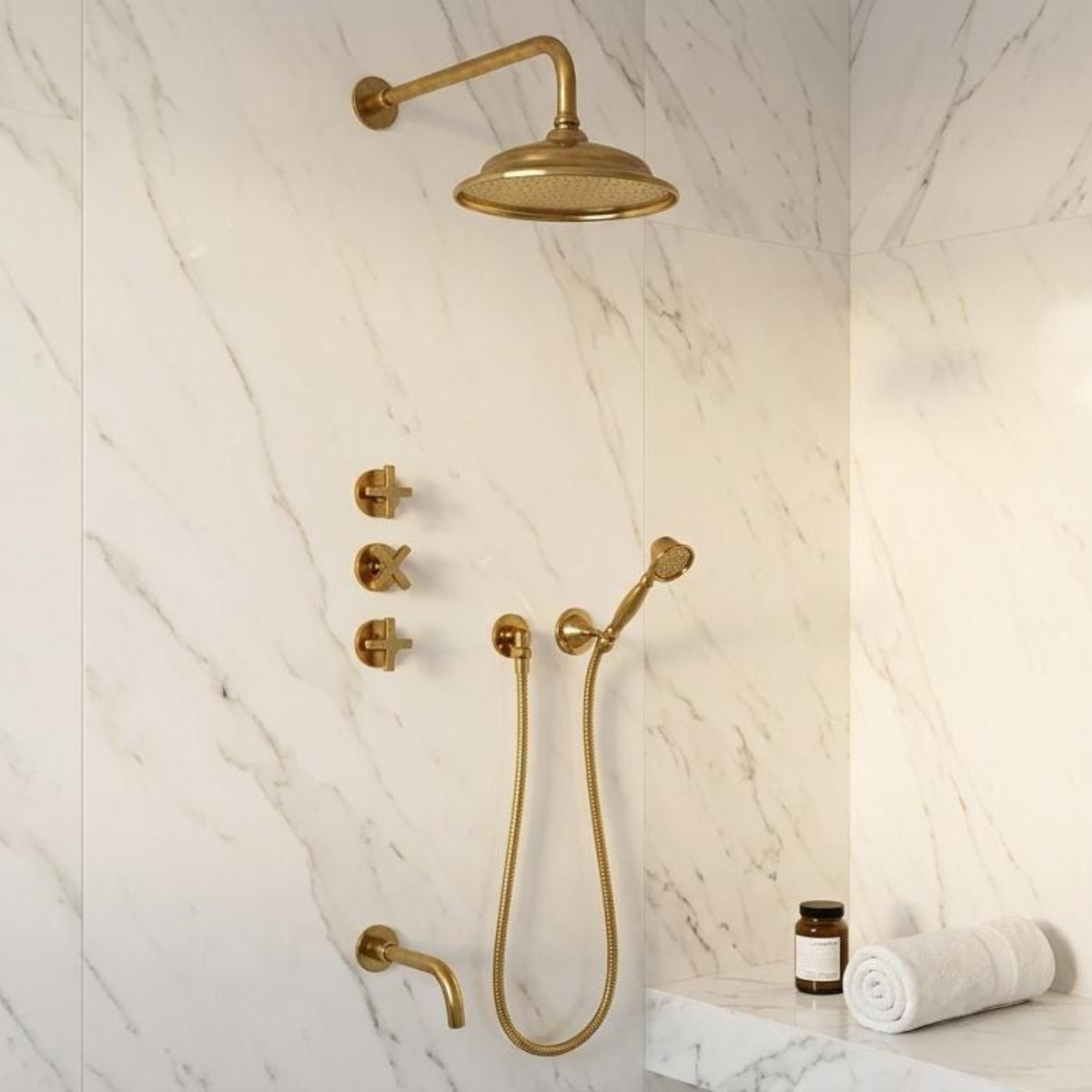 Wall mounted solid brass shower system with a handheld shower and tub filler