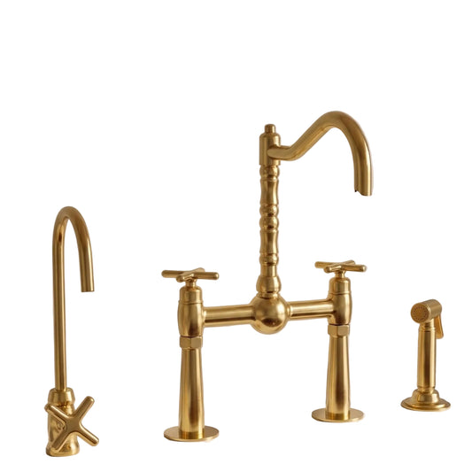 Wall mounted unlacquered brass bridge faucet with 12 inch spout