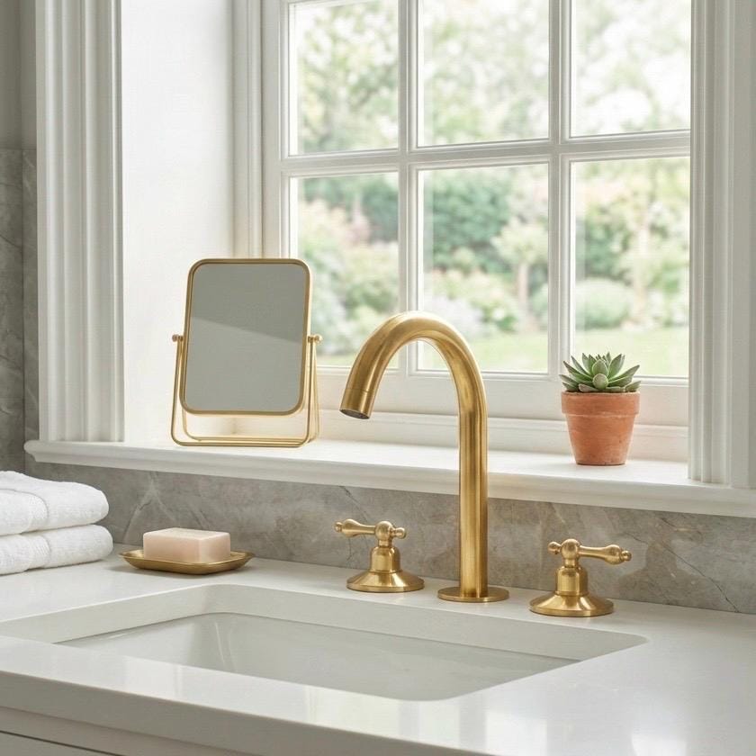 Close-up of high-arc gooseneck spout on brass widespread faucet