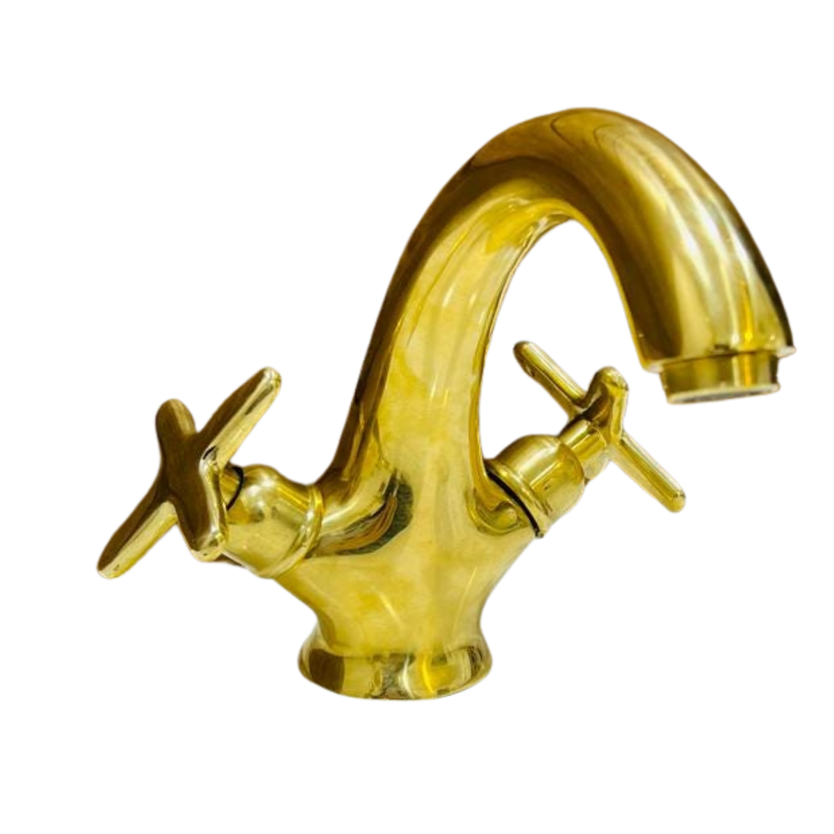 Handcrafted unlacquered brass single hole bathroom faucet with classic cross handles