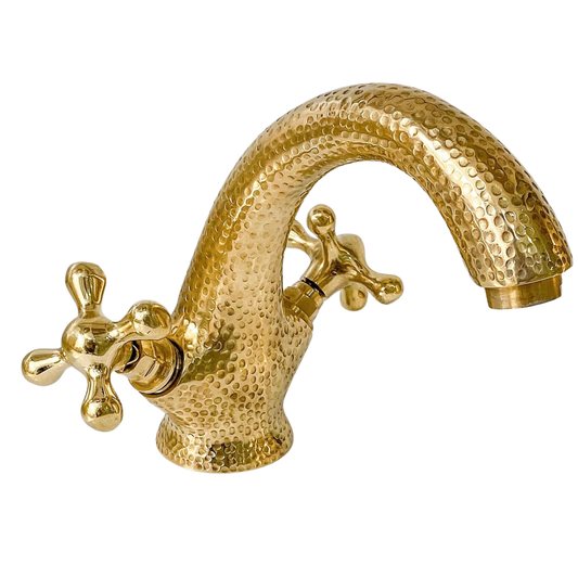 Handcrafted unlacquered brass single hole bathroom faucet with classic cross handles