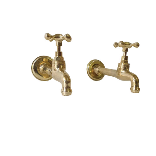 Handmade unlacquered brass wall mount faucet for bathroom