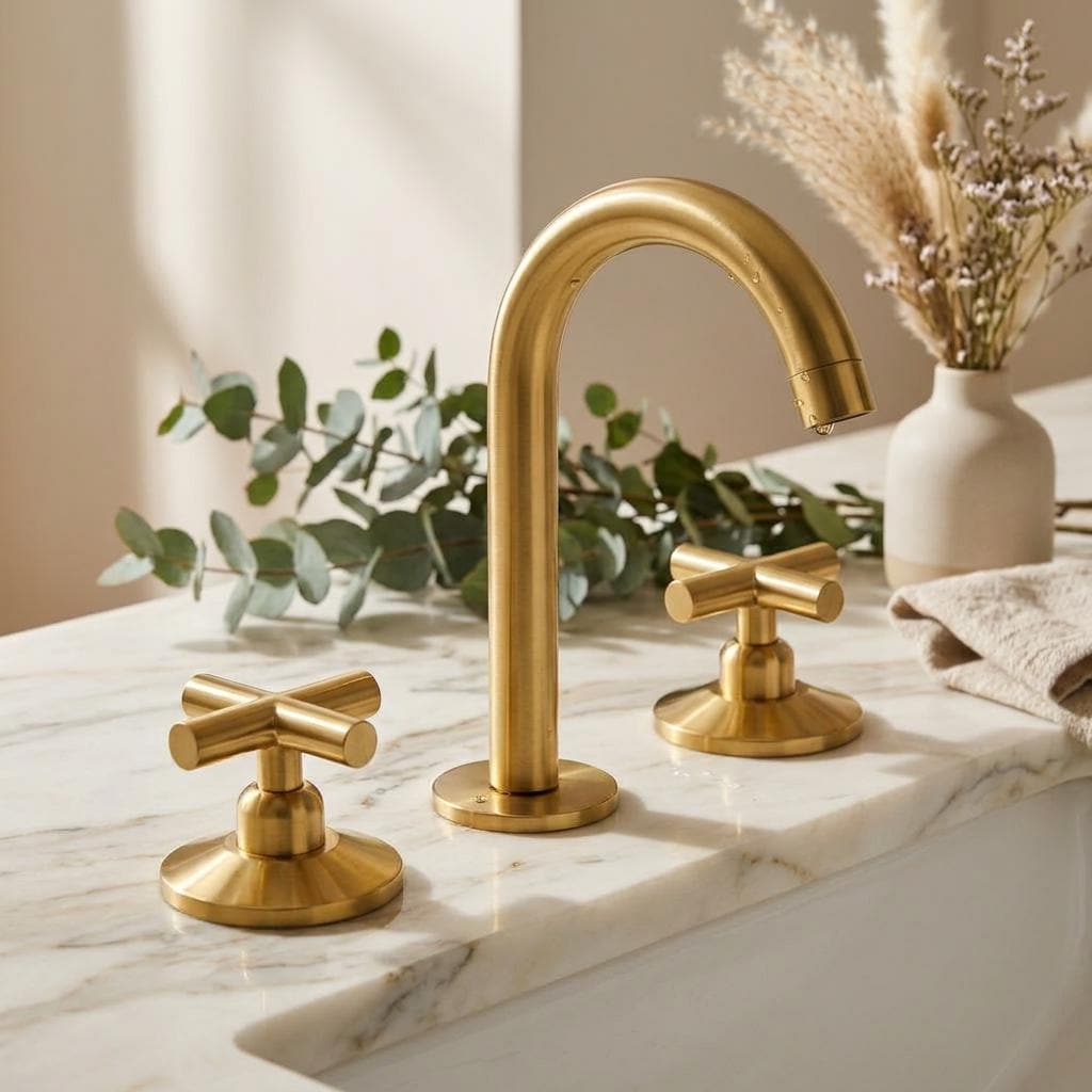 Handcrafted Unlacquered Brass Vanity Faucet for Bathroom Sink with Pop-Up Drain