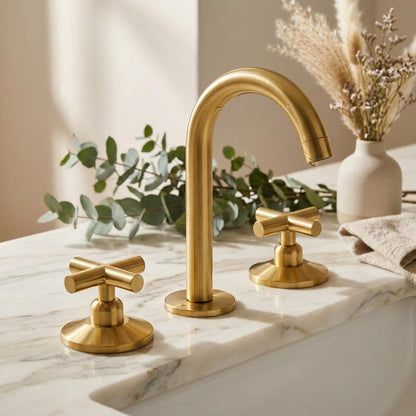 Handcrafted Unlacquered Brass Vanity Faucet for Bathroom Sink with Pop-Up Drain