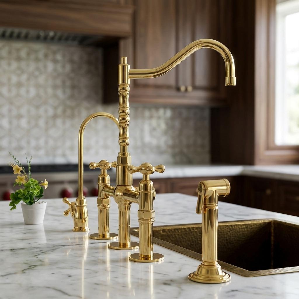  solid brass bridge faucet set for luxury kitchens