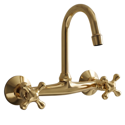 Unlacquered brass wall mounted bathroom faucet with cross handles and swivel gooseneck spout