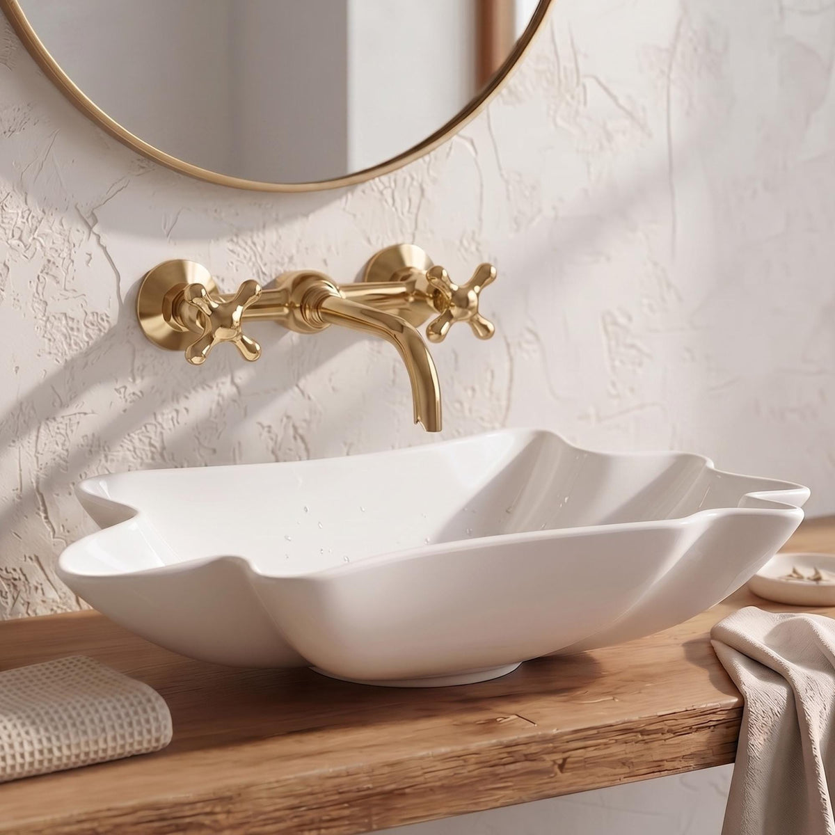 Angled view of unlacquered brass wall faucet with curved spout